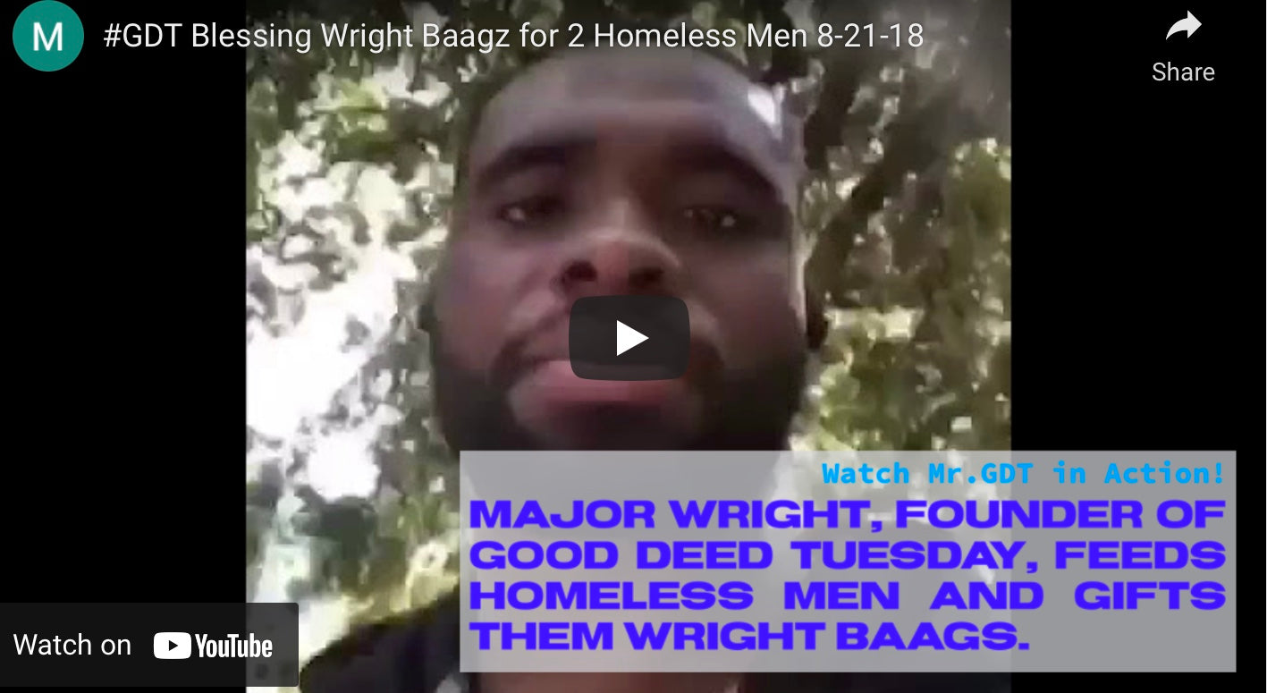 Load video: Major Wright, founder of Good Deed Tuesday, blesses homeless men with a meal and some Wright Baagz.